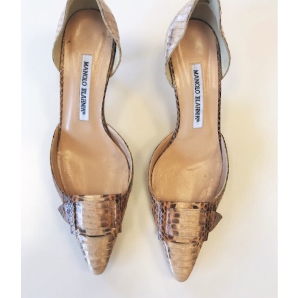 Manolo Blahnik Snakeskin D'orsay Kitten Heel Pumps